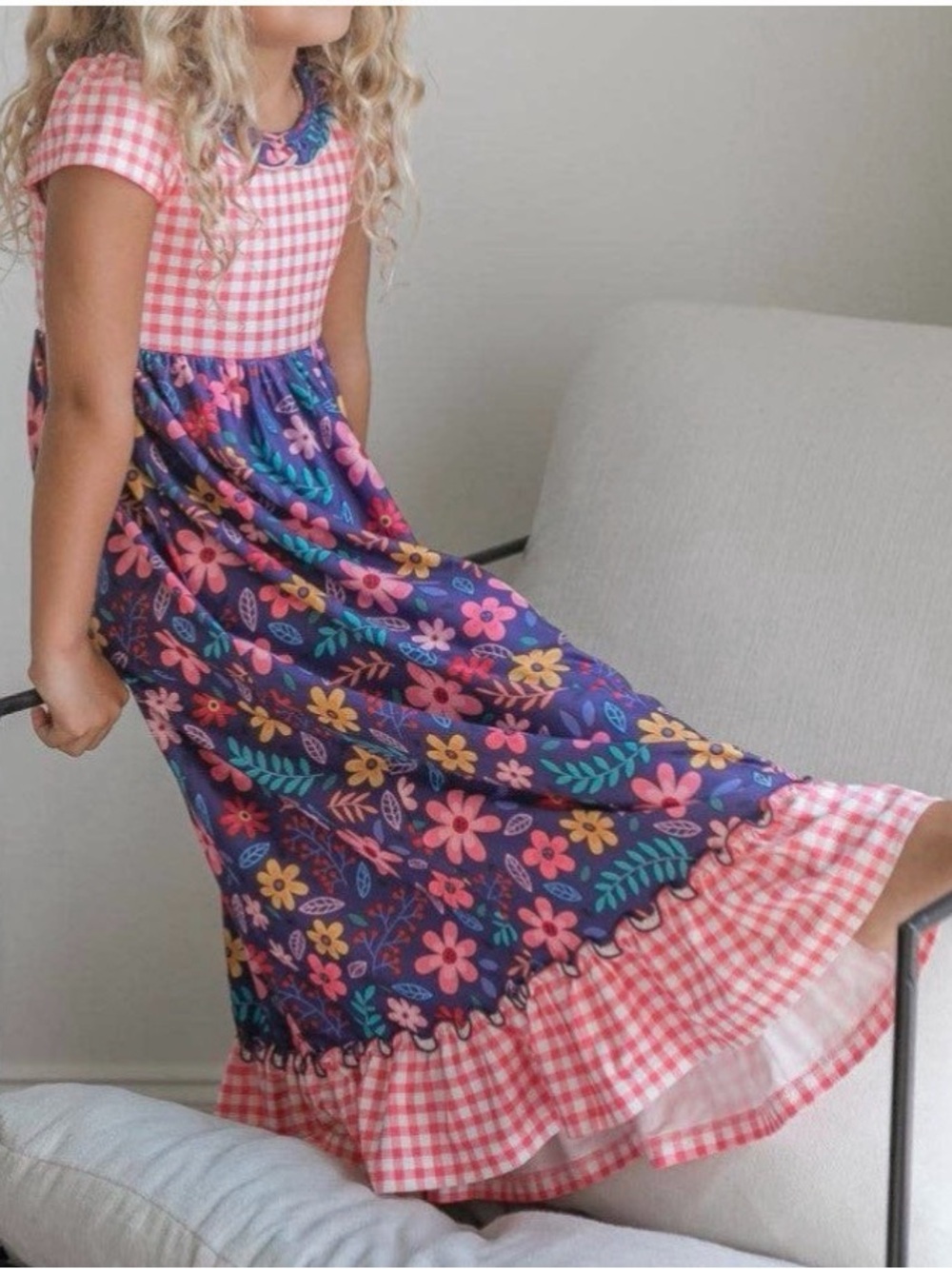 Girls Purple Floral Maxi Nightgown with Pink Gingham Trim